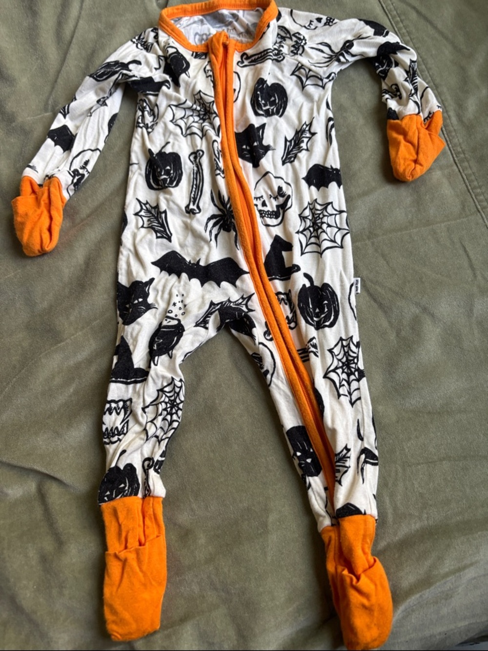 Little Sleepies Black & White Halloween Footie with Orange Trim